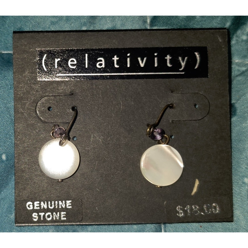 Relativity White Genuine Stone Button Dangle Earrings Purple Bead Shepherd Hook